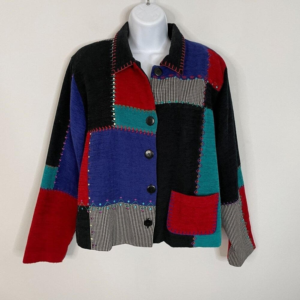 Vintage Artsy Patchwork Jacket Womens Large Petite Embroidered Chenille Grunge
